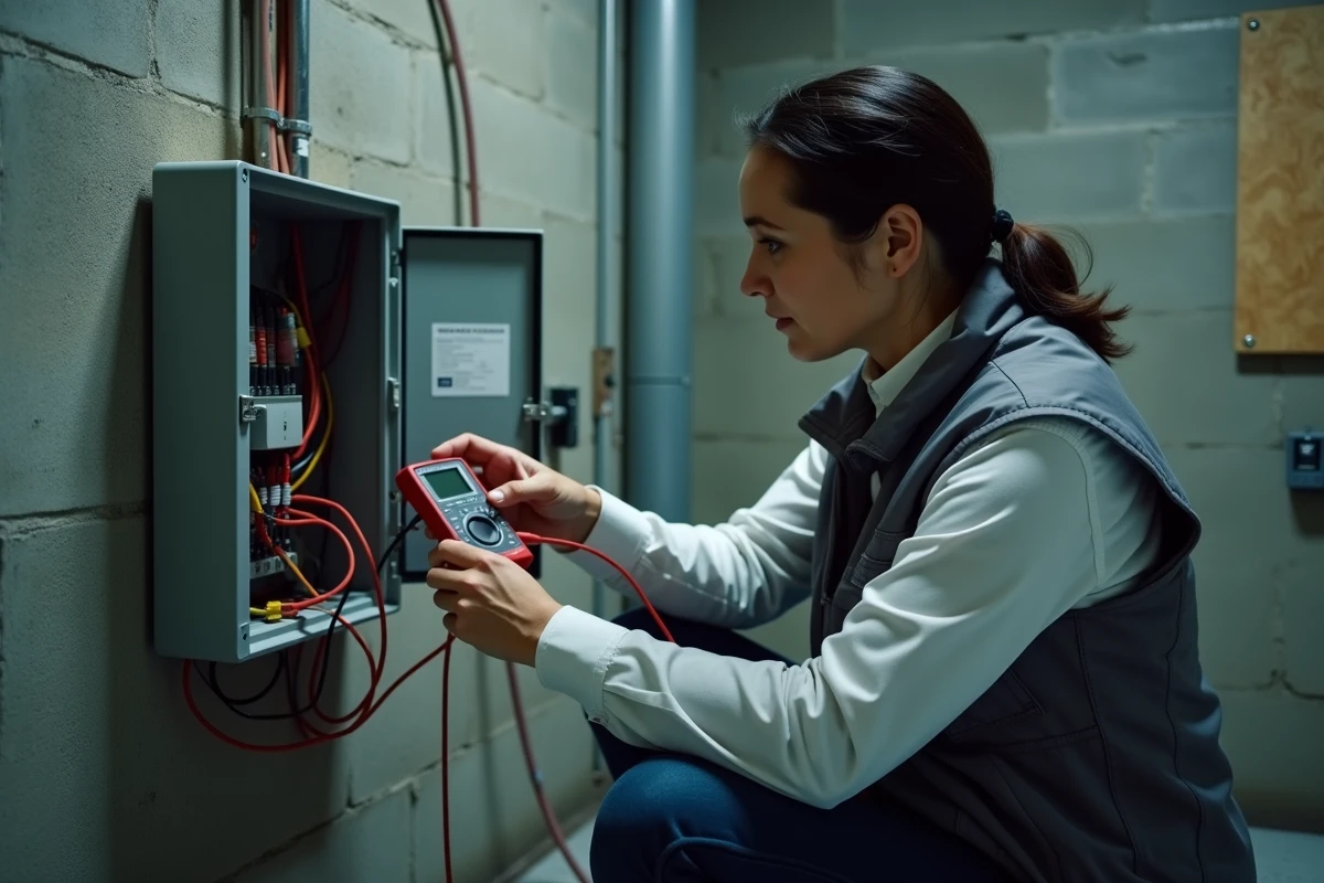 Technicienne testant des fils électriques avec un multimètre NCV dans un sous-sol