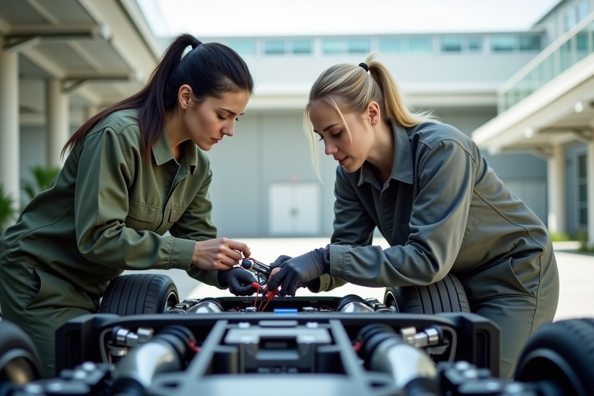 Techniciennes installant un capteur sur une voiture électrique