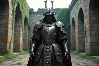 Cosplayer en armure de guerrier titan primordiaux dans une forteresse en ruines, evoquant le conflit Eldia-Mahr