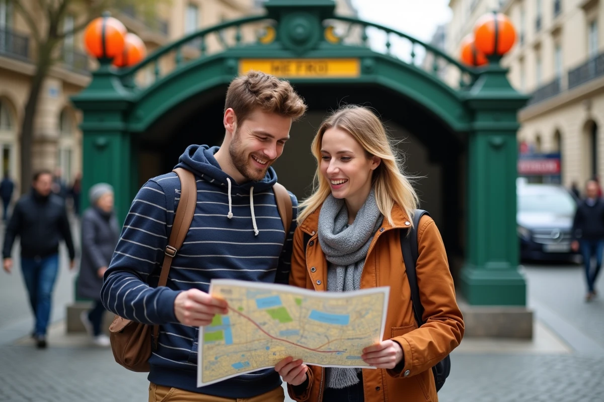Couple de touristes consultant un plan de métro papier devant une entrée Art Nouveau du métro de Paris
