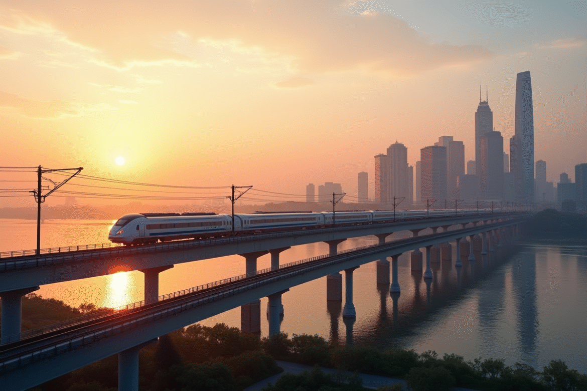 Train à grande vitesse traversant un pont au lever du soleil