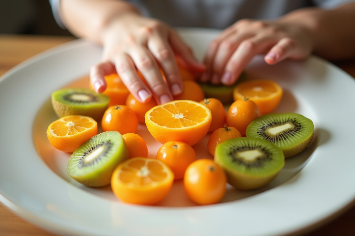 Tranches de kumquats et kiwis sur assiette avec une main d