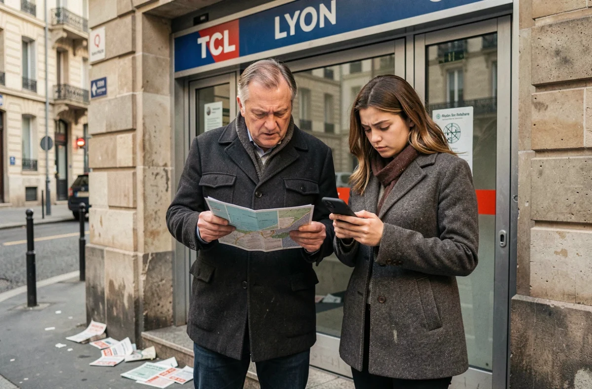 Usagers bloqués devant une station de métro TCL fermée à Lyon pendant la grève du 5 décembre 2026
