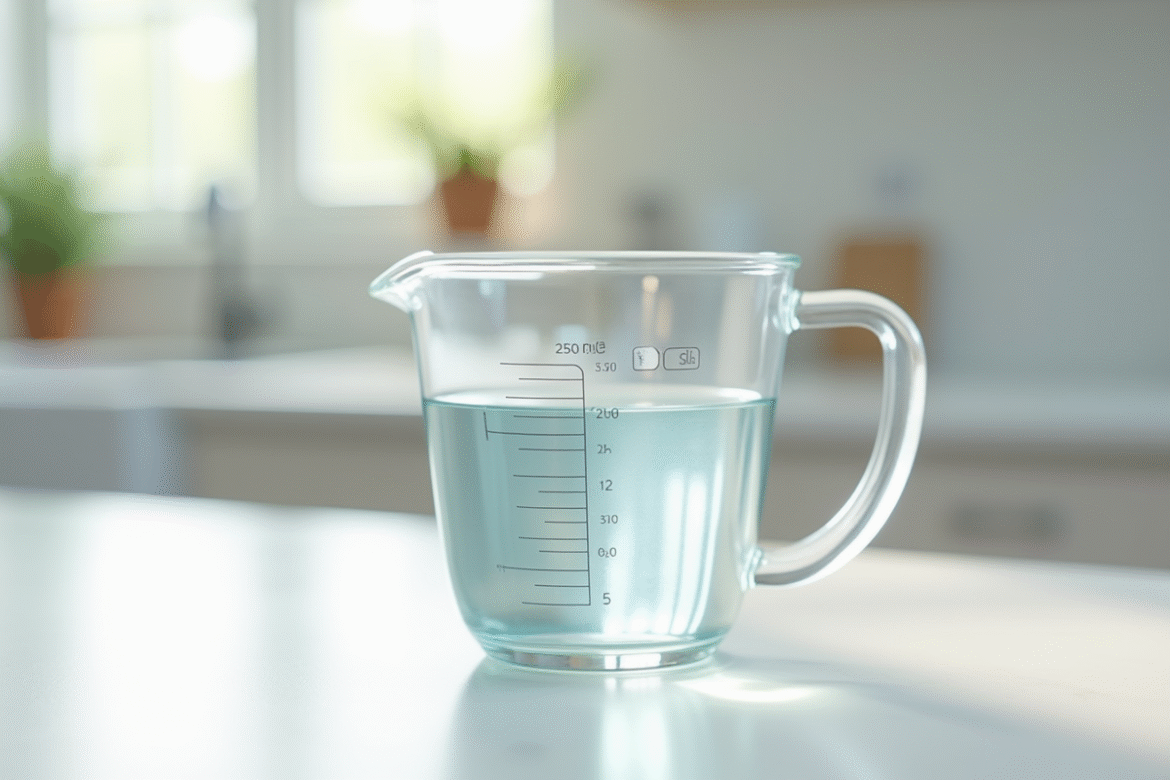 Verre mesureur rempli de 250 ml d'eau sur plan de travail blanc